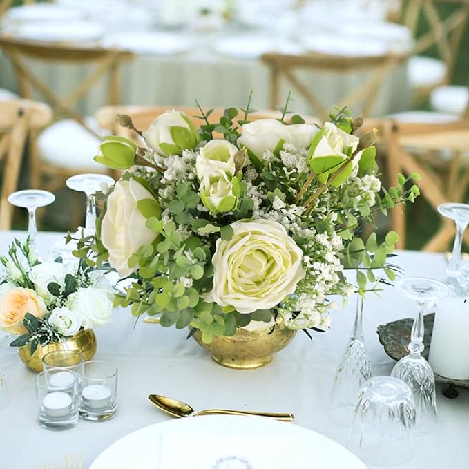 DEEMEI Artificial Babys Breath Flowers Silk White Peony Roses Eucalyptus Leaves Wedding Bridal Bouquets for Table Centerpieces (2 Bundles)