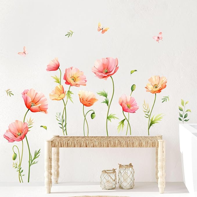 Large Pink Floral Wall Decals Poppy Flower Butterfly Wall Stickers Peel and Stick Autumn Floral Wall Art Decor for Living Room Bedroom Office TV Sofa Backdrop Home Decor Gifts for Mom
