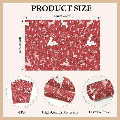Elk Red Christmas Placemats Set of 4, Dining Mat Cotton Linen Waterproof Table Mats Decor Fabric for Christmas Holiday Kitchen Dinner Table, Washable Wipeable Placemat -N041