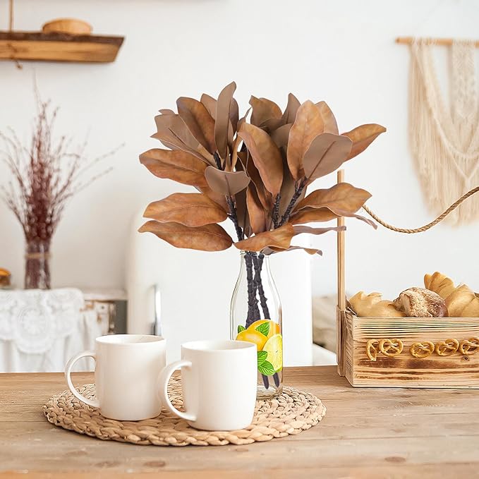 4 Artificial Magnolia Leaf Stems, Real Touch Fake Green Branches for Flower Arrangement, Centerpiece for Indoor and Outdoor Home Dining Tables, Wedding and Party Decorations(Yellow)