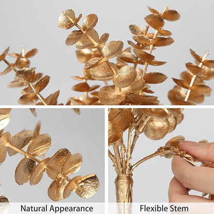 Artificial Gold Eucalyptus Stems 4 Pcs Christmas Fake Fall Flower Arrangement Faux Floral Decor for Home Table Centerpieces Wedding Party Autumn Bouquet Home Farmhouse Vase
