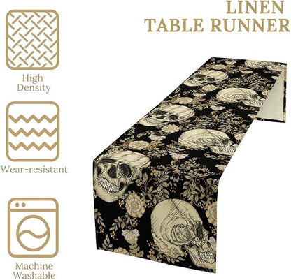 Gothic Table Runner,Vintage Floral Skull Print Table Runner for Home Kitchen Table Dining Garden Farmhouse Wedding Party Decor 13x36 Inch