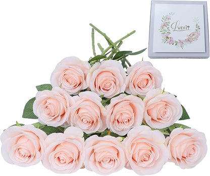 Artificial Rose Flower Artificial Flowers Flower with Long Stem Silk Roses Bouquet for Wedding Bridal Shower Party Home Decoration (Blush, 12 Pcs)
