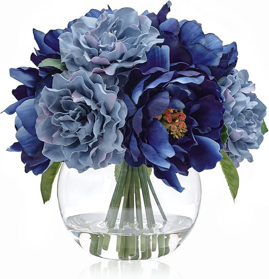 Artificial Flowers in Vase, Artificial Peonies for Vase with Faux Water, Silk Fake Flower Arrangements for Fall Winter Wedding Home Coffee Table Decor Thanksgiving Centerpieces (Blue)