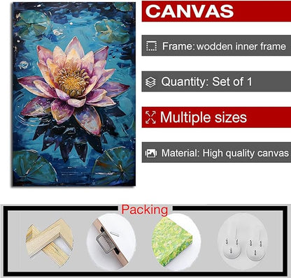 Gorgeous pink and purple water lilies on deep blue water Eye-catching oil painting Serene aquatic wall art for modern home decor 24x36in Wood Framed
