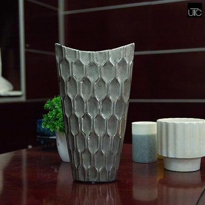 Ceramic Decorative Silver vase, Silver Decor Center Piece for Home Decor Features Honeycomb Design vase for Living Room, Table, Office Decor: 8.00"x3.25"x14.00"H