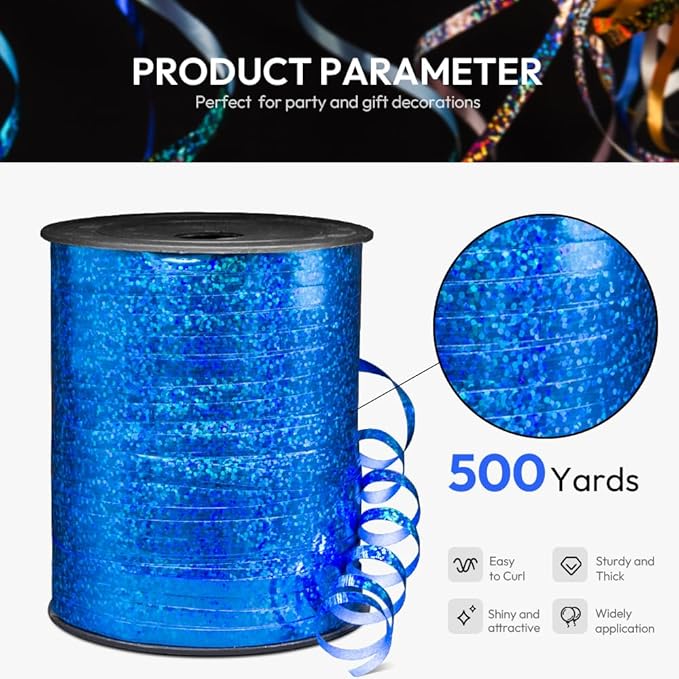 500 Yards Shiny Metallic Blue Curling Ribbon with Spool, 1/5" Holographic Curly Ribbons - Perfect for Gift Wrapping, Florist Flowers, Birthday Party Decorations, and Balloon String