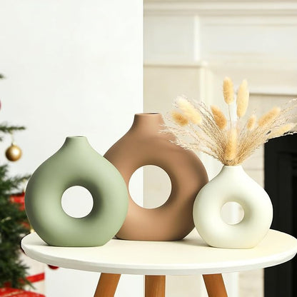 Ceramic Vase Home Table Decor - Flower Vases Set of 3 Small Living Room Centerpiece Decorations for Shelf Bedroom Office Kitchen Dining Desk Modern Aesthetic Farmhouse Decorative (Brown)