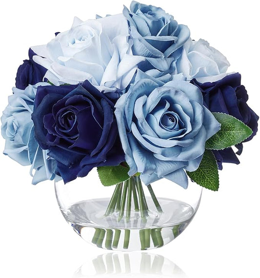 WELL KNOWN Silk Rose Artificial Flowers with Vase Artificial Rose Flower Arrangements in Round Bowl Vase with Faux Water for Home Table Decoration (Bicolor Blue)