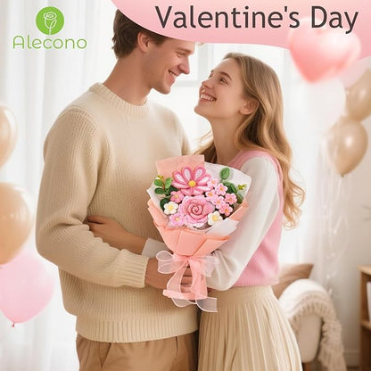 Alecono Crochet Flower Bouquet, Knitted Flowers, Pink Handmade Bouquet of Flowers for Lover Anniversary Birthday Party Mother's Day Graduation Gifts (Include Card)