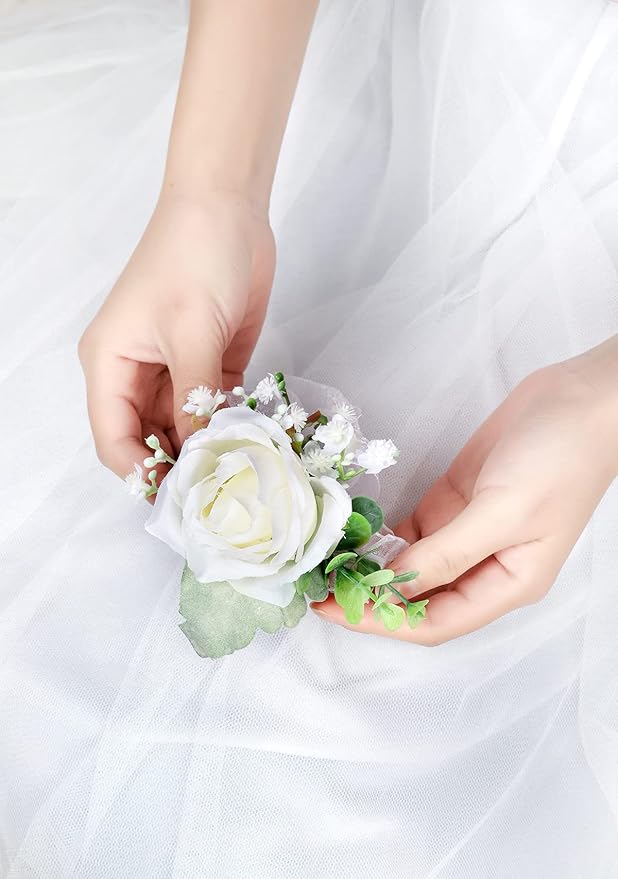 Ivory Rose Wrist Corsage and Men Boutonniere Set, Prom Flower Wrist Corsage Bracelets, Homecoming Corsage Wristlet for Wedding Accessories Prom Suit Decorations