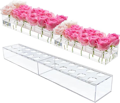 2Pcs Acrylic Flower Vase Rectangular Clear Acrylic Modern Vases- Total 24 Inches Long Rectangular Floral Centerpiece Low Decoration Vase for Dining Table Halloween Party Decor Wedding（24Holes）