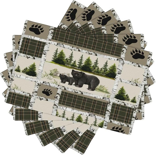 Forest Bear Moose Place Mats Set of 6 Pine Tree Wild Animal Kitchen Dining Table Mat for Indoor Outdoor Decorations 12 X 18 Inch 6 PCS, Style-19