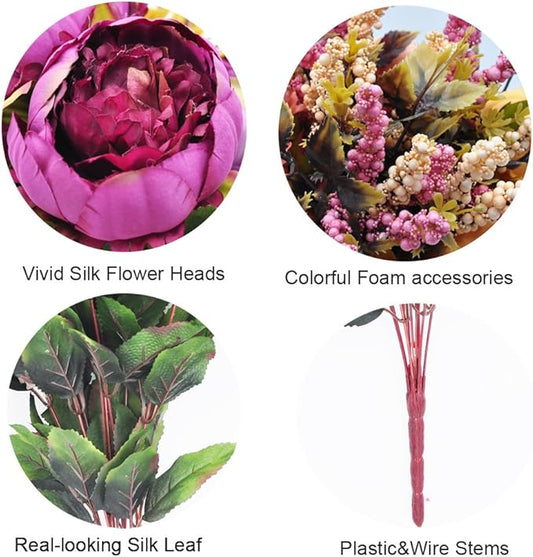 2pcs Artificial Peony Bouquets,19 Inch Silk Peony Bunch with 7 Faux Flowers,Classical Style Artificial Flowers with Leaves and Ornaments for Wedding,Home Décor Centerpieces(Purple)