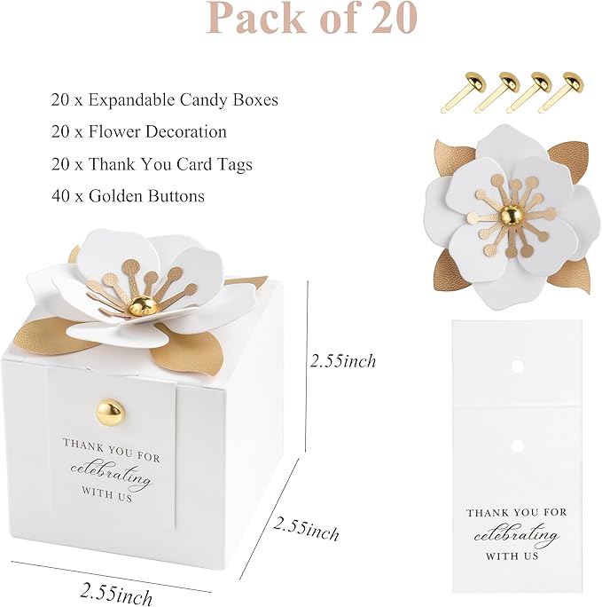FEIYI 20 PCS Candy Boxes, 3 In 1 White Favor Boxes With Floral Decor, White Thank You Tags Gift Wrapping For Wedding Birthday Baby Shower Decorations Party -2.55x2.55x2.55''