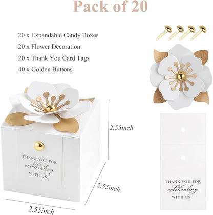 FEIYI 20 PCS Candy Boxes, 3 In 1 White Favor Boxes With Floral Decor, White Thank You Tags Gift Wrapping For Wedding Birthday Baby Shower Decorations Party -2.55x2.55x2.55''