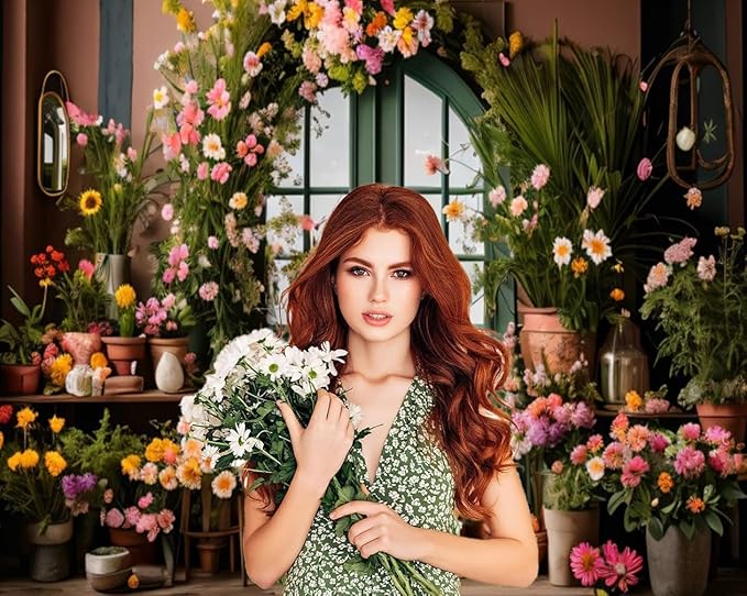 10x8ft Spring Flower Backdrop for Photography Indoor Blooming Flower Arch Wooden Door Floral Photo Background Video Photo Shoot Wedding Portrait Background Studio Photo Booth Props