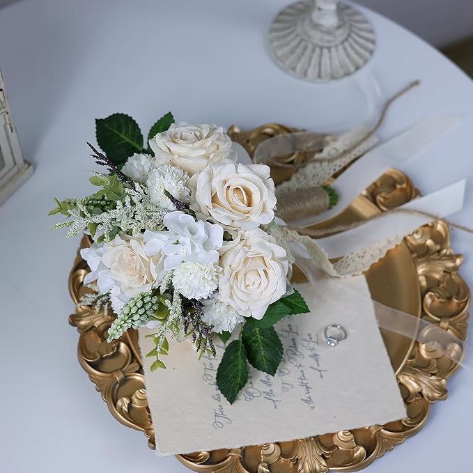 Wedding Bouquets for Bride Bridesmaid,White Champagne Artificial Roses Flowers for Wedding Church Decoration (7.5in)