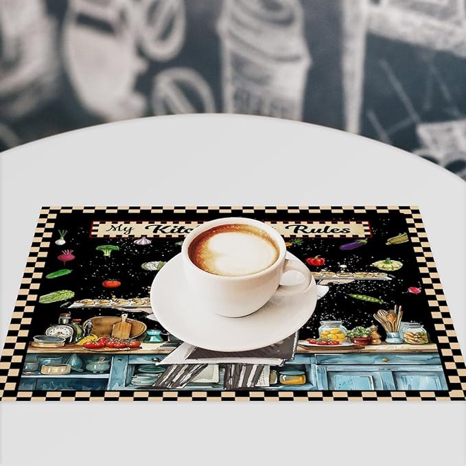Gourmet Chef Placemats Vintage Rustic Plaid Cutlery Knives Cooking Vegetables Fruits Kitchen Utensils ation Placemats Table Kitchen Dining Party 12x18 Inch Set of 6