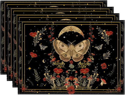 Artoid Mode Black Poppy Moth Moon Placemats Set of 4, 12x18 Inch Floral Spring Table Mats for Outdoor Home Party Kitchen Dining Decor