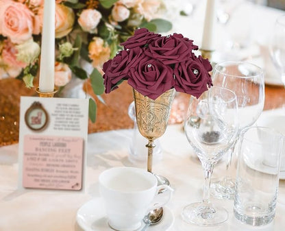 Burgundy Roses with Crystal 50PCS Artificial Rose Flowers with Stems 2.95" Burgundy Flowers Artificial Foam Roses for Bridal Shower Wedding Bouquets Centerpiece Home Table Decor