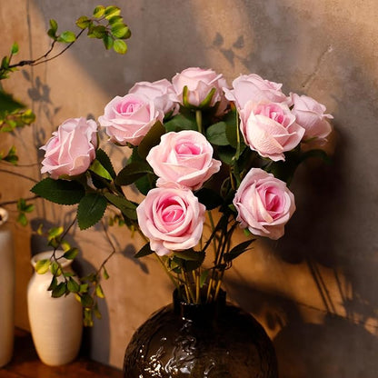 12 Pcs Artificial Rose Flowers, Silk Roses with Long Stems, Realistic Fake Roses for Wedding Centerpiece Party Home and Office DIY Decor, Pink