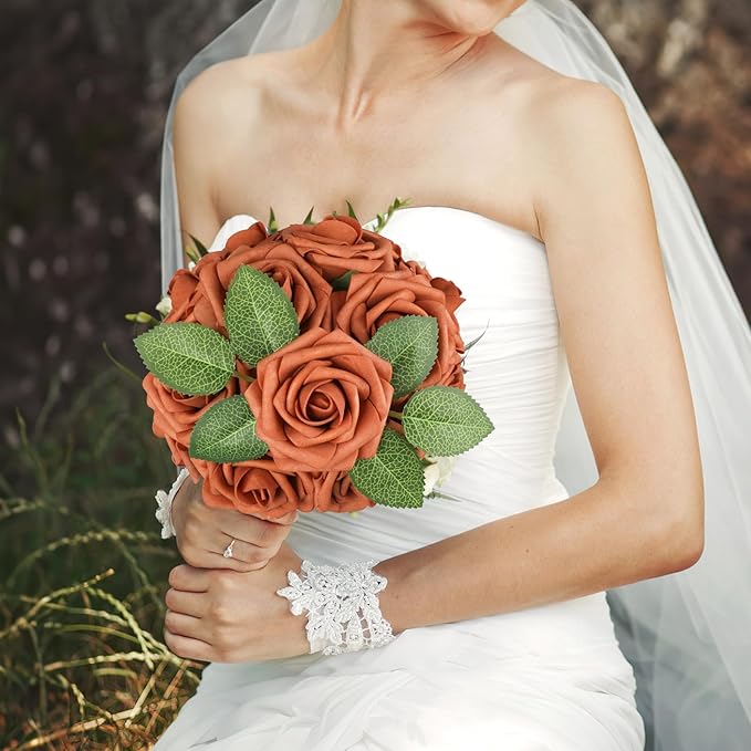 AmyHomie Artificial Flowers Burnt Orange Rose 25pcs Real Looking Fake Roses w/Stem for DIY Wedding Bouquets Centerpieces Arrangements Party Baby Shower Valentines Day Christmas Tree Decorations