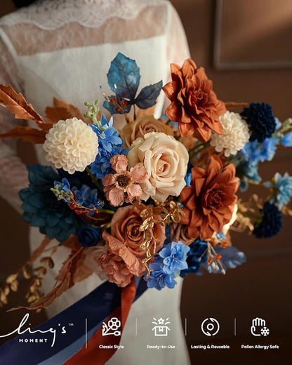 Ling's moment Blue and Orange Wedding Bouquets for Bride, Navy Orange Bridal Bouquets for Bride, 15 Inch Free Form Artificial Wedding Flowers Bouquets