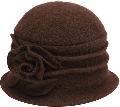 ZLYC Women Wool Cloche Bucket Hat 1920s Vintage Dress Winter Hats with Flower Accent