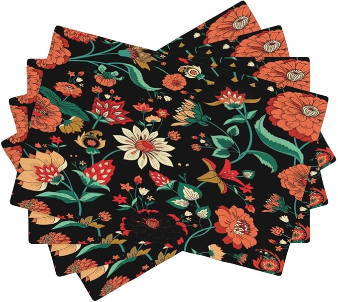 Boho Mandala Flower Placemats, Abstract Nature Hippy Orange Nature Flower Art Print Washable Fabric Placemats Table Kitchen Dining Party 12x18 Inch Set of 6