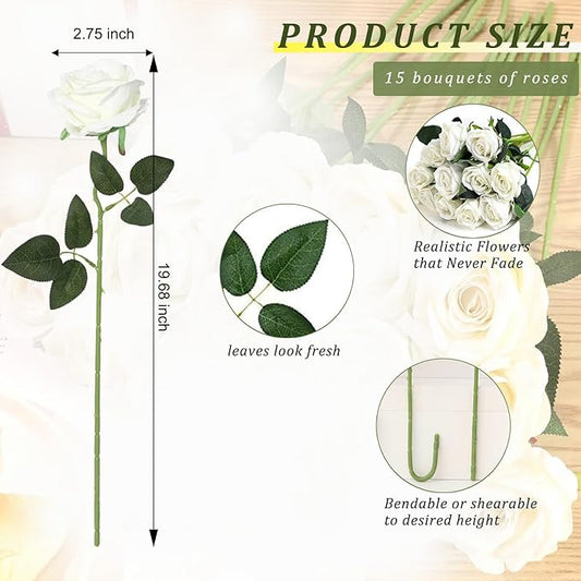 White Roses Artificial Flowers 15 PCS, Fake Roses Silk Flowers with Long Stems, Faux Rose for Wedding Centerpieces, Home Decor, Indoor Floral Arrangements, Party Decor, DIY Bouquet (White)
