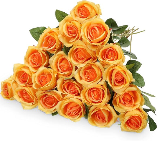 Hotop 20 Pcs Artificial Rose Flowers with Long Stem,Real Touch Silk Realistic Plastic Bouquet Roses Bulk for Home Decor Bridal Wedding Party Table Centerpieces Decorations(Orange)