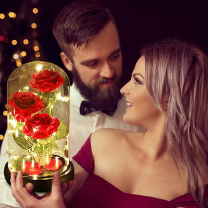 Christmas Rose Gifts for Her,Beauty and The Beast Rose Flowers 40 LED Lights Rose in Glass Dome,Woman Gifts for Christmas,Christma Ornaments Artificial Flower Rose Gift Romantic Gifts for Women