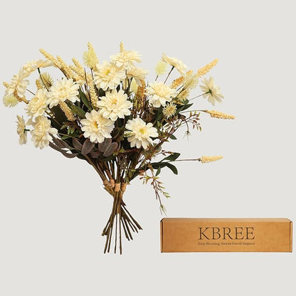 KBREE Artificial Fall Mums Bouquet, 4 Bunches Handmade Faux Daisy Flowers with Grain Stems & Foxtail, 17.7" Natural Farmhouse Mums Bouquets for Autumn Home Decor & Table Centerpieces (Pale Yellow)