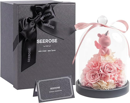 SEEROSE Preserved Rose with Unicorn in Glass Dome, Eternal Real Rose Romantic Gift for Her, Women, Mom, Wife, Girlfriend, Valentine’s Day, Mother’s Day, Christmas, Birthday (Lucky Unicorn, Pink)