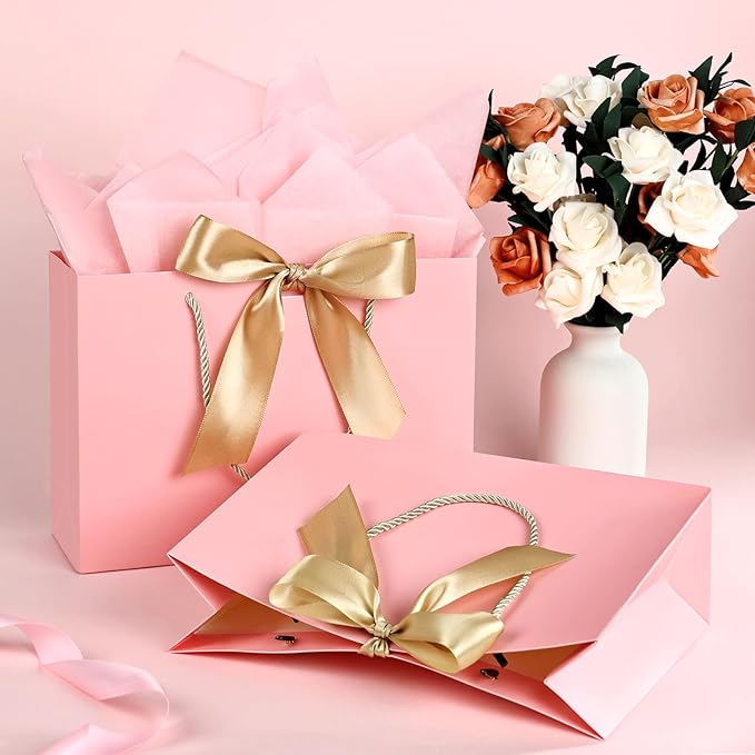 JMANNI Medium Size Gift Bags - 2Pcs Paper Gift Bag with Handles, 4 Tissue Paper & 2 Greeting Cards for Women, Girls, Bridesmaid, Birthday, Valentines, Wedding, Party (Pink)