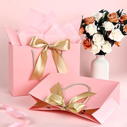 JMANNI Medium Size Gift Bags - 2Pcs Paper Gift Bag with Handles, 4 Tissue Paper & 2 Greeting Cards for Women, Girls, Bridesmaid, Birthday, Valentines, Wedding, Party (Pink)