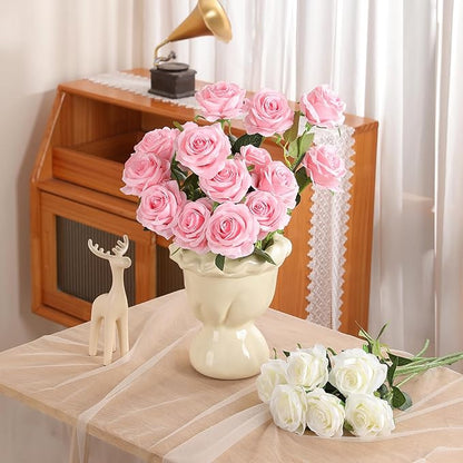 Nubry 24pcs Artificial Silk Roses Bulk,Fake Roses Flower with Stems Realistic Flowers for Wedding Centerpiece Home Party Decor(Pink)