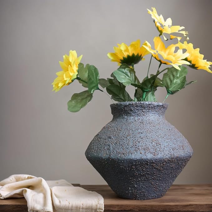 Rustic Black Ceramic Vase - 5IN Round Clay Vase Vintage Farmhouse Style Decor, Circle Wabi Sabi Vases for Farmhouse Home Decor, Decor Living Room, Table, Shelf