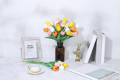 SITUMEIZI Fake Flowers Tulips Artificial Silk Flower 15pcs Real Touch 14" for Spring Easter Home Kitchen Wedding Bouquet Bulk Mother's Gift Day Decorations(Multicolor,5-2)