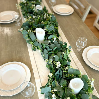 CQURE 6 Pack 5.9Ft Eucalyptus Garland,Artificial Eucalyptus Flowers Leaves Table Greenery Garland Wreath Vines for Wedding Party Table Bedroom Wall Decor