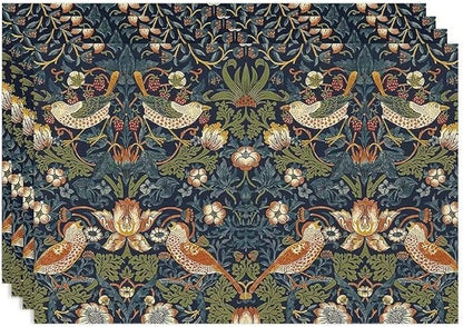 William Morris Floral Placemats Set of 4, Vintage Flower Strawberry Birds Green Place Mats, Heat Resistant Non Slip Cotton Linen Dining Table Mats for Home Kitchen Party 18x12 Inch