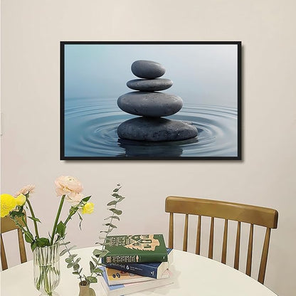 Zen wall art Harmonious grey stones stacked on a calm surface of water Serene Zen decor suitable for tranquil homes and spaces of meditation 8x12in Metal blackFramed