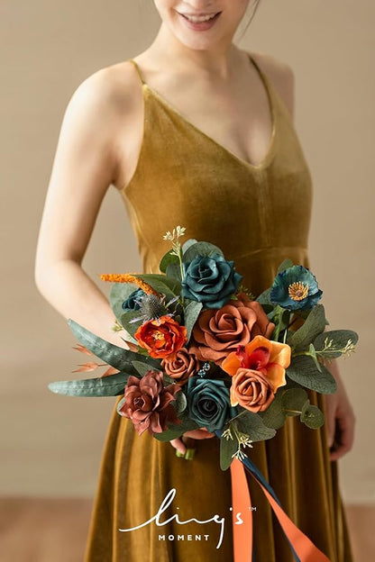 Ling's moment Artificial Flowers Teal and Orange Bridesmaid Bouquet Set of 4, Wedding Flowers Bouquets for Bridesmaids, 7 Inch Bridal Bouquets for Bridesmaids, Wedding Decor, Ceremony, etc