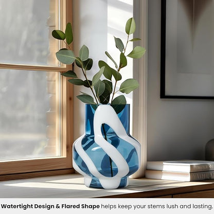 Torre & Tagus 8" White Striped Blue Vase for Flowers - Hand Blown Blue & White Art Glass Vase Modern Home Decor, Large Table Centerpiece for Living Room Consoles, Dining Tables, Modern Art Displays