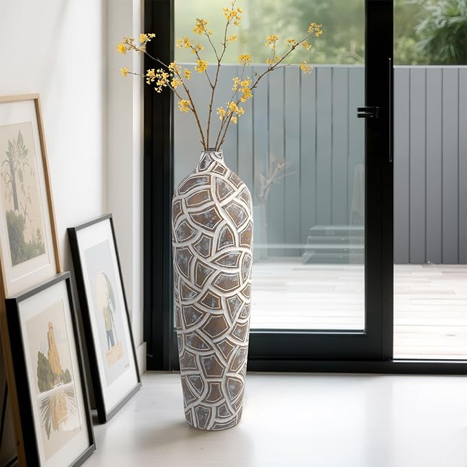 Modern Large Floor Vase,Brown Carved Texture Resin Vase for Home Decor,24.6'' Tall Flower Vases for Entryway Living Room