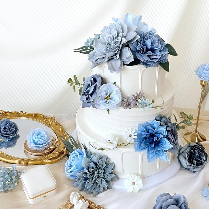 Dusty Blue Artificial Flowers Combo Box Set Silk Roses Dahlia with Stems DIY Bridal Wedding Bouquets Navy Royal Blue Cake Fake Floral Arrangements Baby Shower Party Table Centerpieces Home Decor Bulks