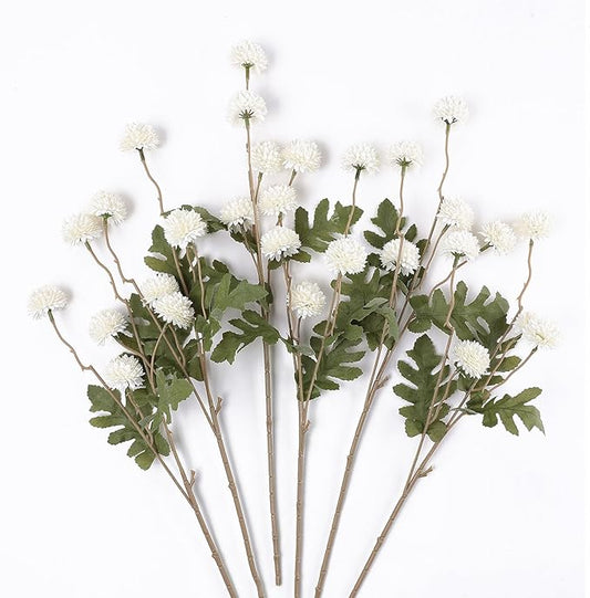 mizii 6Pcs White Fake Silk Pompon Mum Artificial Flowers Bulk Small Faux Chrysanthemums with Stems Realistic Floral Decorations for Wedding DIY Bouquet Centerpieces Shower Vase Home Decor (White)