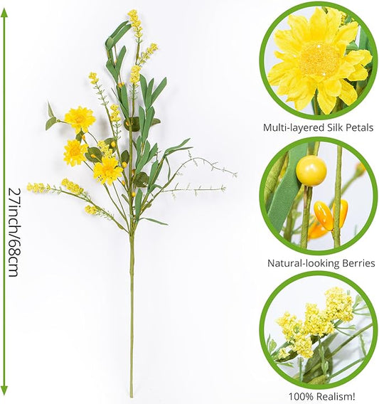 Artificial Flower 23 Inch 6 Pack Faux Yellow Daisy Eucalyptus Stem with Greenery - Realistic Spring Summer Floral for Home, Wedding, DIY Bouquets and Wreath