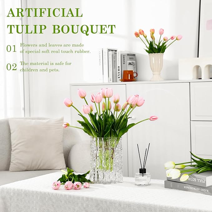 15PCS Artificial Tulips Real Touch Light Pink Faux Latex Flowers Lifelike Fake Tulip Bouquet Flowers Arrangements for Wedding Home Kitchen Garden Table Party Decoration